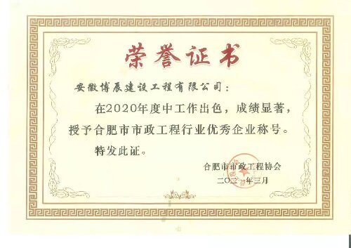 2020年度合肥市市政江南(中国)行业优秀企业